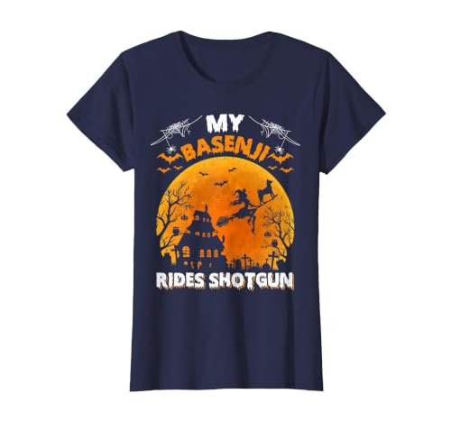 Basenji Dog Witch Halloween Gifts My Basenji Rides Shotgun Basenji Dog Halloween T-Shirt - size chart