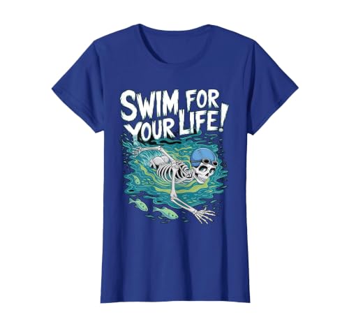 Swim Lover Halloween Custom Tee For Swimmers Kids Halloween Skeleton Swimming Swim for Your Life Swimmers Dad T-Shirt - size