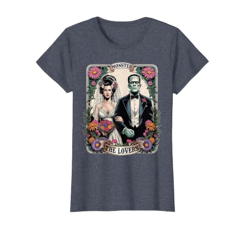 The Lovers Tarot Card Spooky Halloween Women Men The Monster Frankenstein and Bride The Lovers Tarot Card T-Shirt - size
