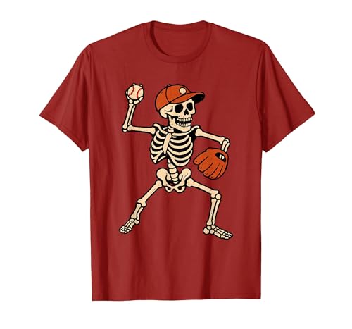 Funny Skeleton Baseball Tee Skeleton Baseball Halloween Costume Pitcher Sport Player T-Shirt - size chart