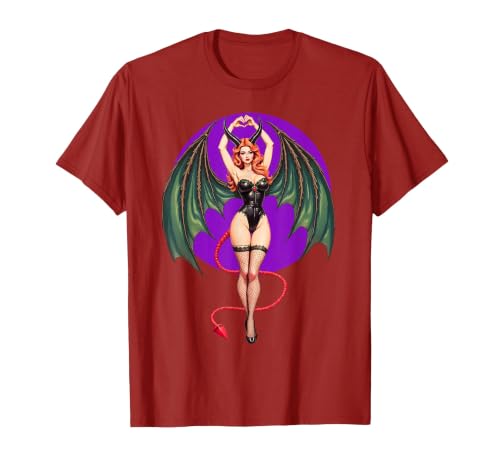 Classic Vintage Pin-Up Sexy Girl by YUX Sexy Succubus Monster Halloween Hand Heart Pin-Up Girl Devil T-Shirt - size chart