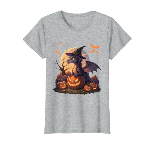 Halloween Dragons Fantasy Spooky Witchy Cute Halloween Dragon Witch Hat Pumpkin Moon Fantasy T-Shirt - size chart