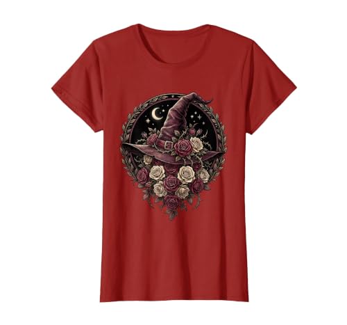 Mademark Witch Hat Black Roses Halloween Women's Design T-Shirt - size chart