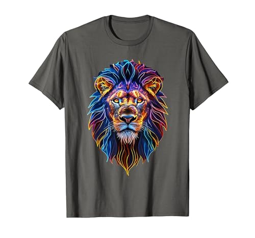 Psychedelic Jungle Glow Animal Art Glow Lion Head Art Psychedelic Jungle Animal Face T-Shirt - size chart