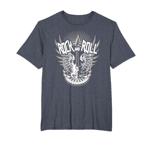 Rock and Roll Music Vintage Retro Gifts Vintage 80s Rock & Roll Music Electric Guitar Skeleton Wings T-Shirt - size chart