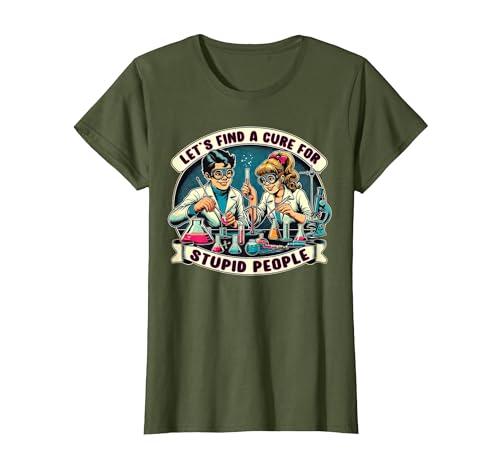 C.J.`s Funny Dark Humor Gift Shop Lets Find A Cure for Stupid People, Retro Comic Dark Humor T-Shirt - size chart