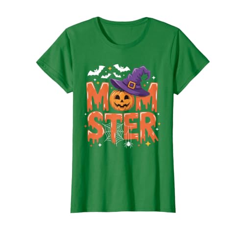 Mom-ster Halloween Funny Witch Hat Pumpkin Mom Momster Mom Mommy Matching Family Halloween Costume Women T-Shirt - size chart