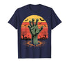 Creepy Undead Zombie Hand Retro Sunset Scary Zombie Hand Retro Sunset Halloween Horror Tee T-Shirt - size chart