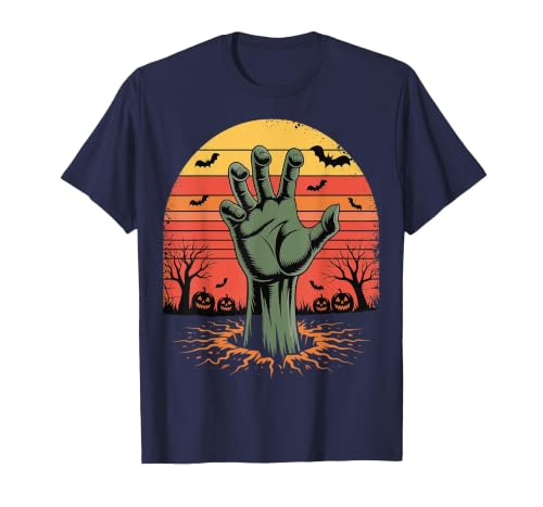 Creepy Undead Zombie Hand Retro Sunset Scary Zombie Hand Retro Sunset Halloween Horror Tee T-Shirt - size chart
