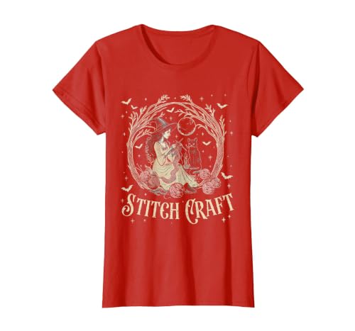 Witch Black Cat Halloween Witches Crochet Womens Stitch Craft Salem Witch Halloween Cat Witch Girls Trip T-Shirt - size chart