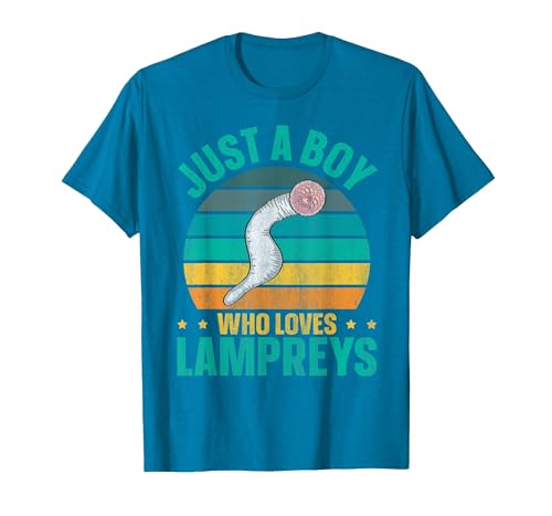 Sea Lamprey Fish Quote Just a boy who Loves Lampreys Quote for a Lamprey Boy T-Shirt - size chart