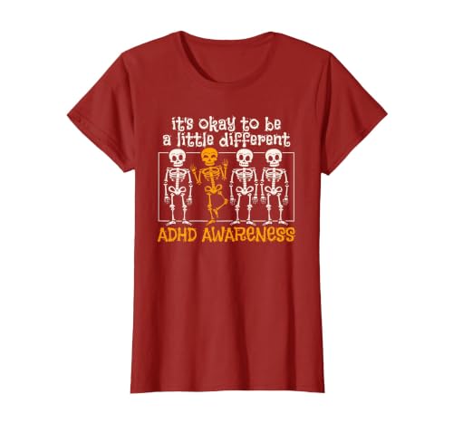 Orange Ribbon ADHD Awareness clothing Halloween Skeleton ADHD Awareness T-Shirt - size chart