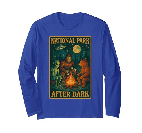 National Park After Dark Tee National Park After Dark: Alien Bigfoot Bear Camping Long Sleeve T-Shirt - size chart