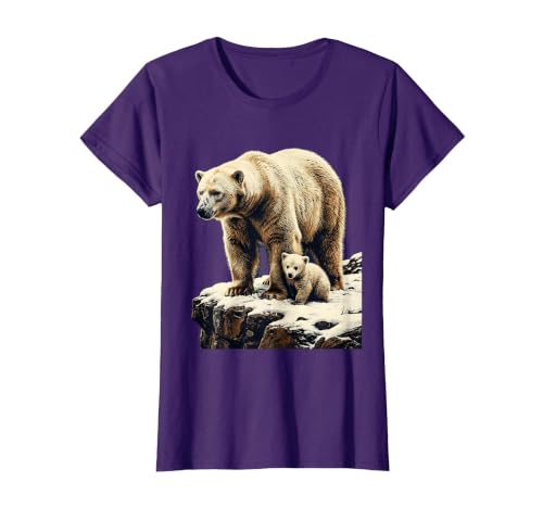 Mademark Mama Polar Bear and Cub Snowy Cliff Illustration T-Shirt - size chart