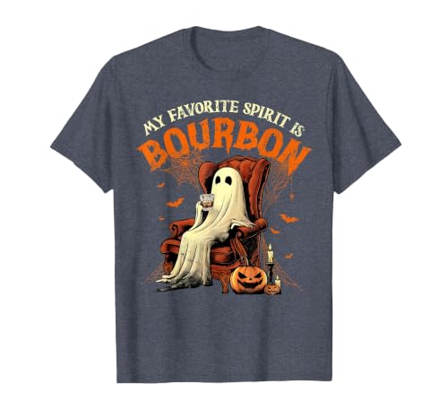 Bourbon Ghost Funny Halloween Drinking Apparel My Favorite Spirit is Bourbon Funny Halloween Ghost T-Shirt - size chart