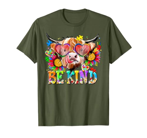 Be Kind Highland Cow Autism Awareness Sped Teacher Be Kind Highland Cow Autism Awareness Inspirational Teacher T-Shirt -