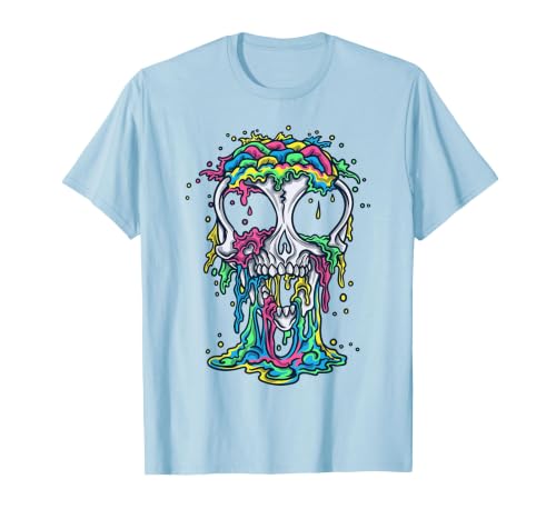 Skull & Halloween Designs for Bikers and Rockers Melting Skull Halloween Colorful Paint Drip Graphic T-Shirt - size chart