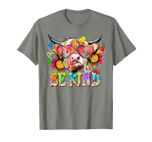 Be Kind Highland Cow Autism Awareness Sped Teacher Be Kind Highland Cow Autism Awareness Inspirational Teacher T-Shirt -