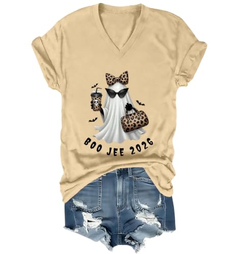 WQFQW Boo JEE 2026 Ghost Funny Halloween Leopard Print Ghost Shirt for Women - size chart