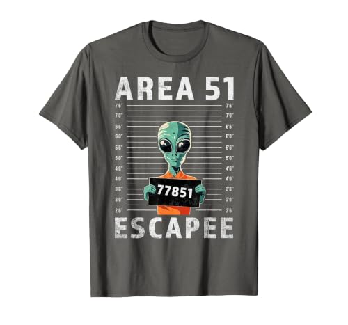 Funny Alien Halloween Costume Mugshot Alien Area 51 Escapee Funny Alien Mug Shot UFO T-Shirt - size chart