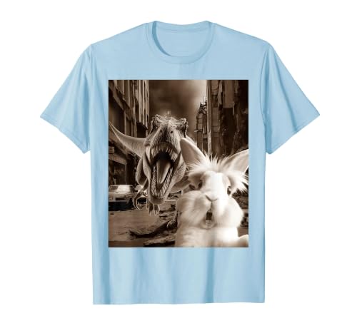 Funny Bunny Rabbit Selfie with T-Rex Tyrannosaurus Dinosaur T-Shirt — design detail