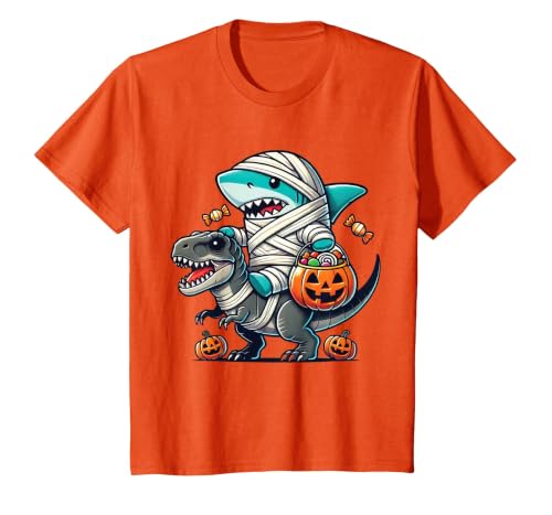 Funny Shark Dinosaur Halloween Kids Boys Tees Shark Riding Dinosaur T-rex Funny Halloween Pumpkin Boys Kid T-Shirt - size