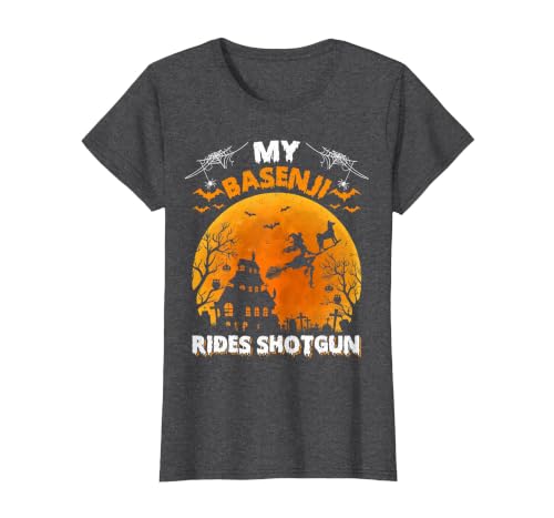 Basenji Dog Witch Halloween Gifts My Basenji Rides Shotgun Basenji Dog Halloween T-Shirt - size chart