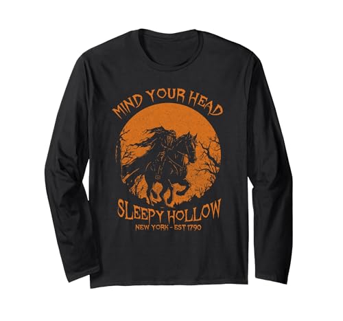 Mind Your Head Sleepy Hollow Headless Horseman Halloween Long Sleeve T-Shirt - size chart