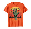 Creepy Undead Zombie Hand Retro Sunset Scary Zombie Hand Retro Sunset Halloween Horror Tee T-Shirt - size chart