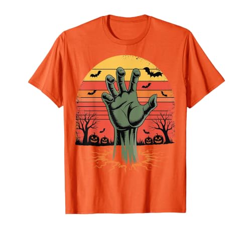 Creepy Undead Zombie Hand Retro Sunset Scary Zombie Hand Retro Sunset Halloween Horror Tee T-Shirt - size chart