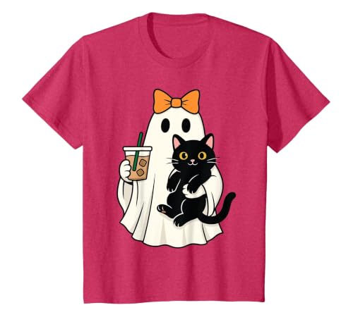 halloween iced coffee costume Cat Women Girls Cute Halloween Cat Ghost Drinking Coffee Ghost Women Girls T-Shirt - size chart