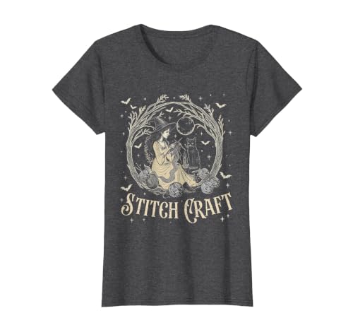 Witch Black Cat Halloween Witches Crochet Womens Stitch Craft Salem Witch Halloween Cat Witch Girls Trip T-Shirt - size chart