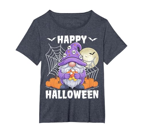 Gnome Halloween Gifts Co. Happy Halloween Spooky Ghost Witches Candy Corn Gnomes T-Shirt - size chart