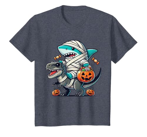 Funny Shark Dinosaur Halloween Kids Boys Tees Shark Riding Dinosaur T-rex Funny Halloween Pumpkin Boys Kid T-Shirt - size