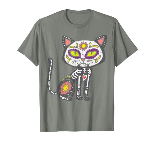 Halloween Cat Shirts For Women Men Kids Owner Sugar Skull Cat Dia De Muertos Day of Dead Halloween Mexican T-Shirt - size