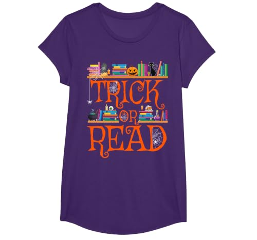 Trick or Read Funny Halloween Teacher Book Library Reading T-Shirt - size chart
