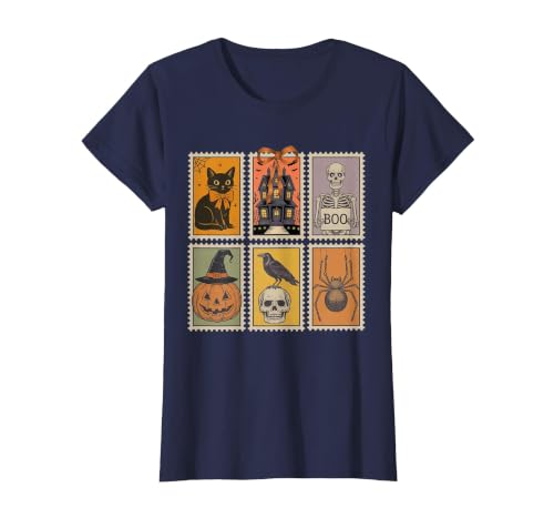 Halloween Stamp Cute Ghost Cute Fall Apparel Vintage Halloween Stamp Cute Ghost Pumpkin Cat Retro Fall T-Shirt - size chart