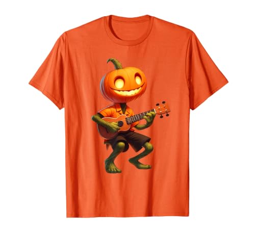 Funny Pumpkin Head Halloween Ukulele Tees Pumpkin Face Playing Ukulele Halloween Costume Men Boys Kids T-Shirt - size chart