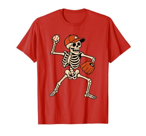 Funny Skeleton Baseball Tee Skeleton Baseball Halloween Costume Pitcher Sport Player T-Shirt - size chart