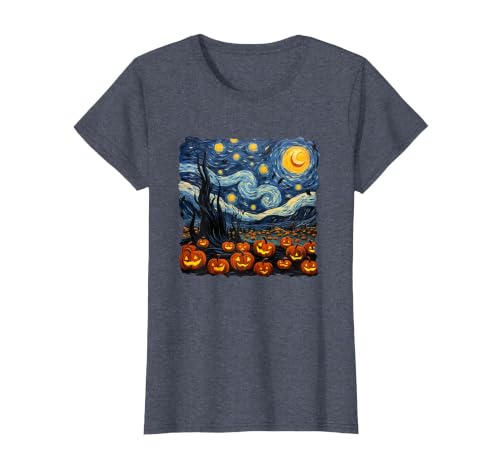 Teacher Halloween by K Halloween Pumpkin Starry Night Van Gogh Funny Art Teacher T-Shirt - size chart