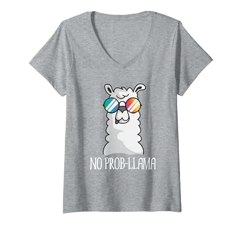 Llama Life Apparel Women's No Prob-Llama No Problem Cute Funny Cool Llama Alpaca V-Neck T-Shirt - size chart