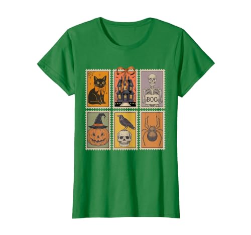 Halloween Stamp Cute Ghost Cute Fall Apparel Vintage Halloween Stamp Cute Ghost Pumpkin Cat Retro Fall T-Shirt - size chart