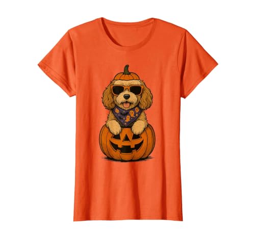 Funny Retro Maltipoo mom Halloween Spooky Cavapoo Pumpkin Halloween Doodle Dog Lover T-Shirt - size chart