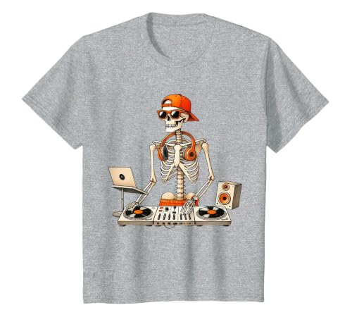 Funny Skeleton DJ Halloween Men Outfit Skeleton DJ Halloween Costume Turntable Music Funny Men Boys T-Shirt - size chart