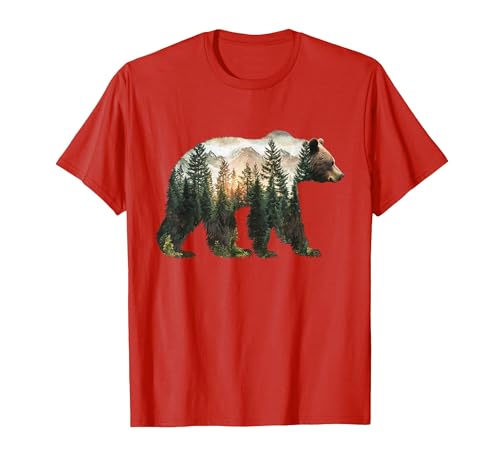 Bear Designs. Bear Forest Mountains Trees Nature Sunset Outdoor Graphic T-Shirt - size chart