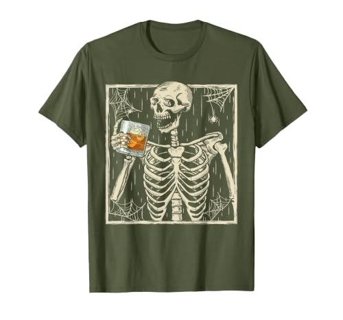 Funny Skeleton Drinking Bourbon Whiskey Halloween Alcoholic T-Shirt - size chart