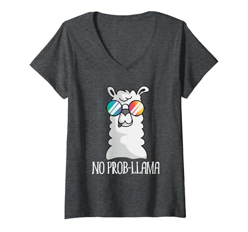 Llama Life Apparel Women's No Prob-Llama No Problem Cute Funny Cool Llama Alpaca V-Neck T-Shirt - size chart