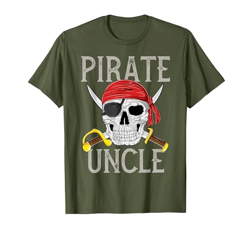 Pirate Family Apparel Pirate Uncle Jolly Roger Flag Skull Family Pirates T-Shirt - size chart