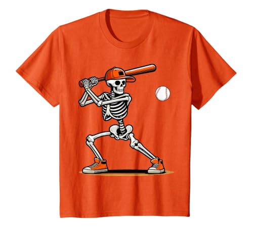 Funny Halloween Skeleton Sports Boys Costume Baseball Skeleton Spooky Boys Halloween Baseball Player T-Shirt - size chart