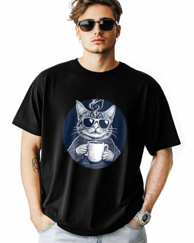 NITBANLA T-Shirts for Men, Cat Coffee Crew Neck Cotton T-Shirt Men's Short Sleeve,Black-XL - size chart